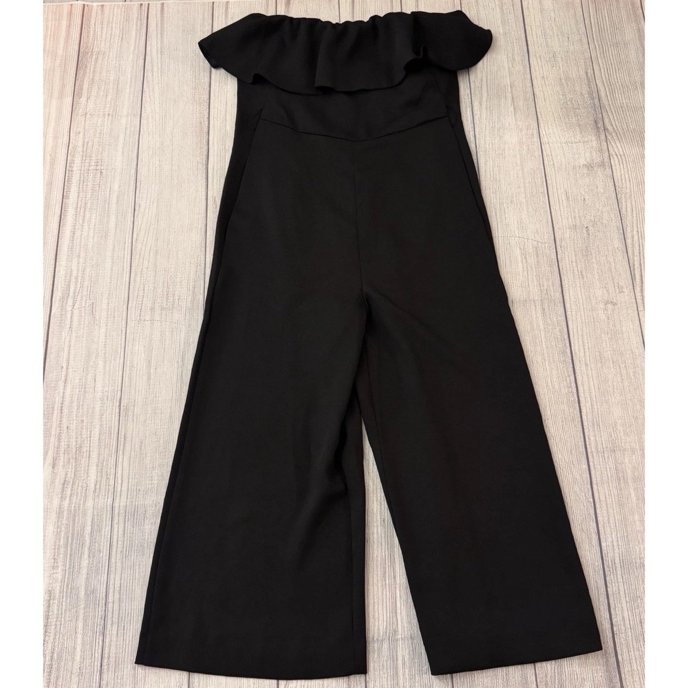 Babaton Black Off Shoulder Ruffle‎ Wide Leg Cropped Jumpsuit Women's Size 6